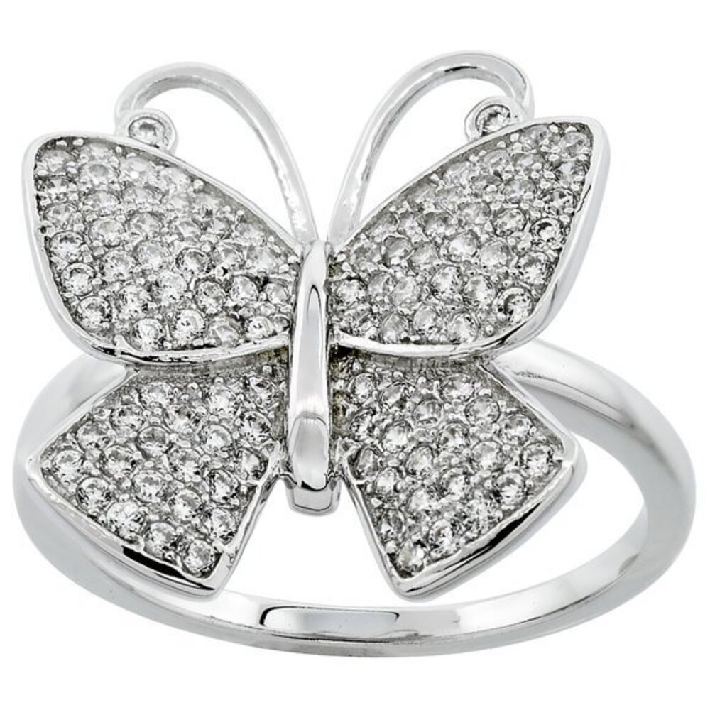 Sterling Silver Cubic Zirconia Butterfly Ring Micro pave 5/8 inch wide, sizes 6